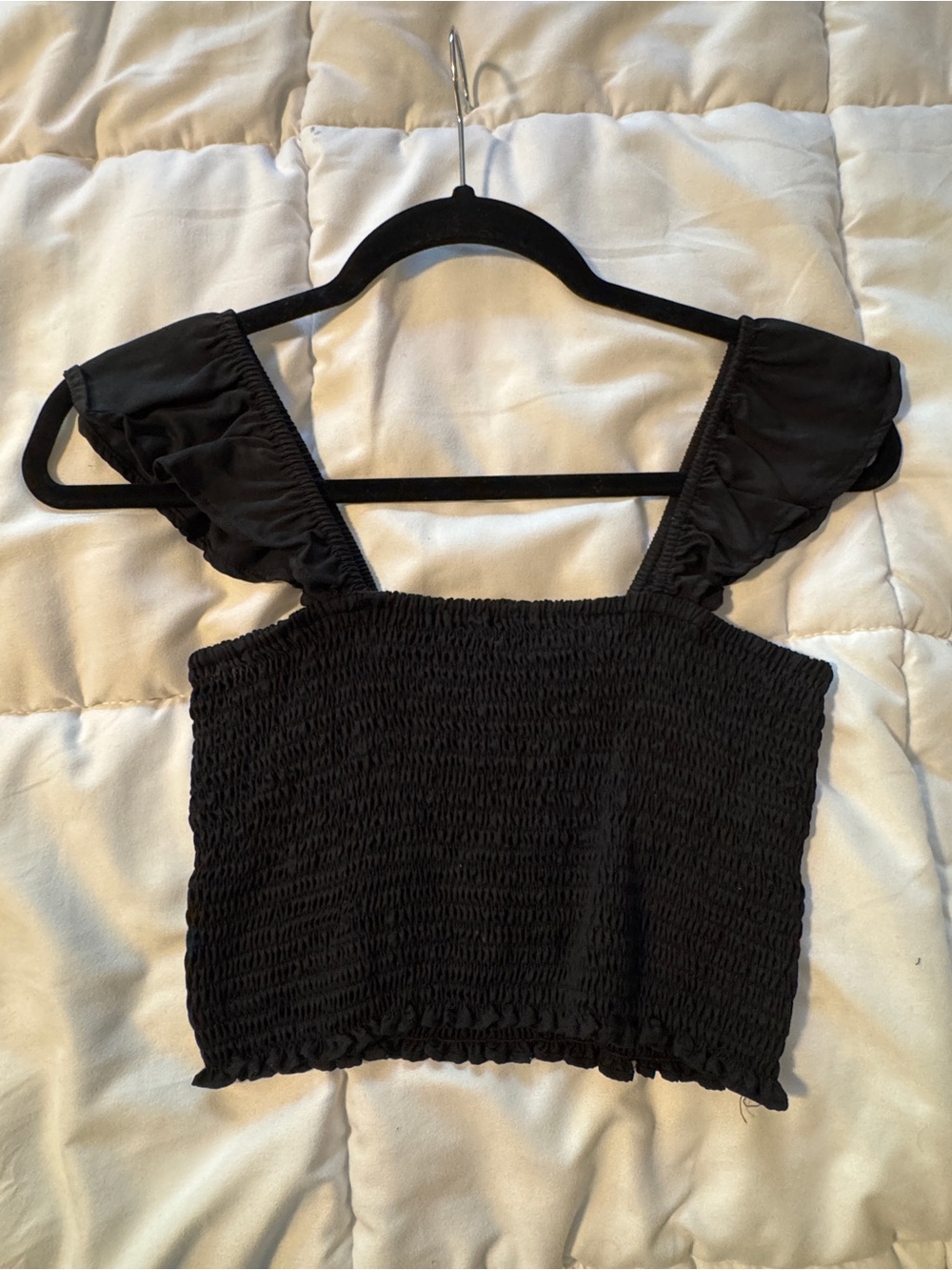 Black Smocked Ruffle Strap Crop Top